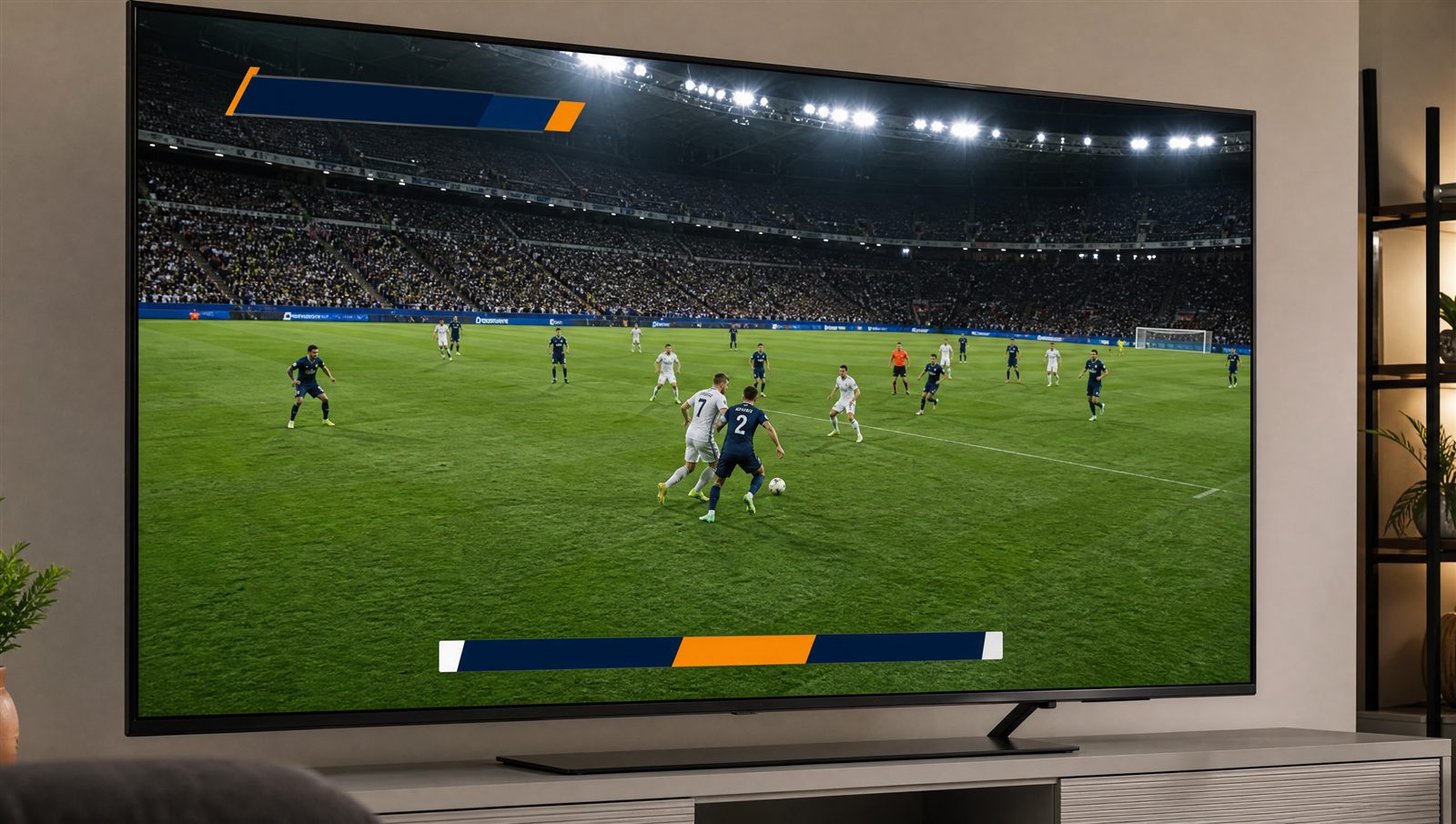 Live voetbalwedstrijd bekijken via IPTV op een flatscreen TV